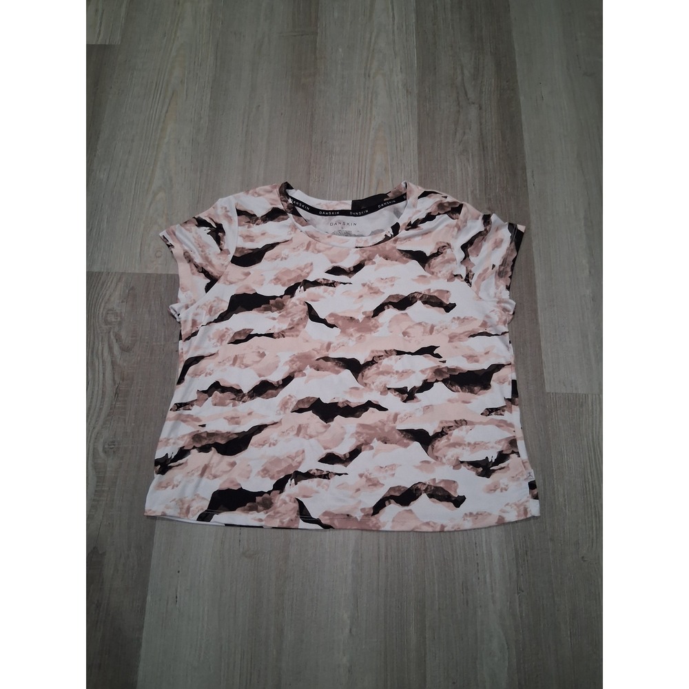 Danskin Womens Pink Black Abstract Camo Activewear Cropped Shirt Size Large